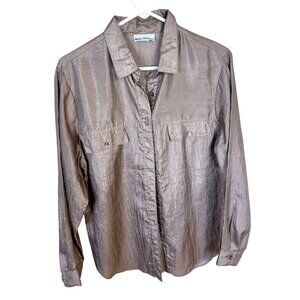 Vtg Womens Champagne Blouse Paris Station Metallic Silver Button Up Shirt Large